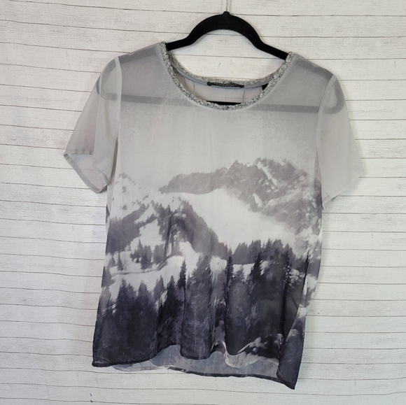 MAISON SCOTCH SHEER SHORT SLEEVE MOUNTAIN SCENE BLOUSE, SZ 6 - Picture 3 of 14
